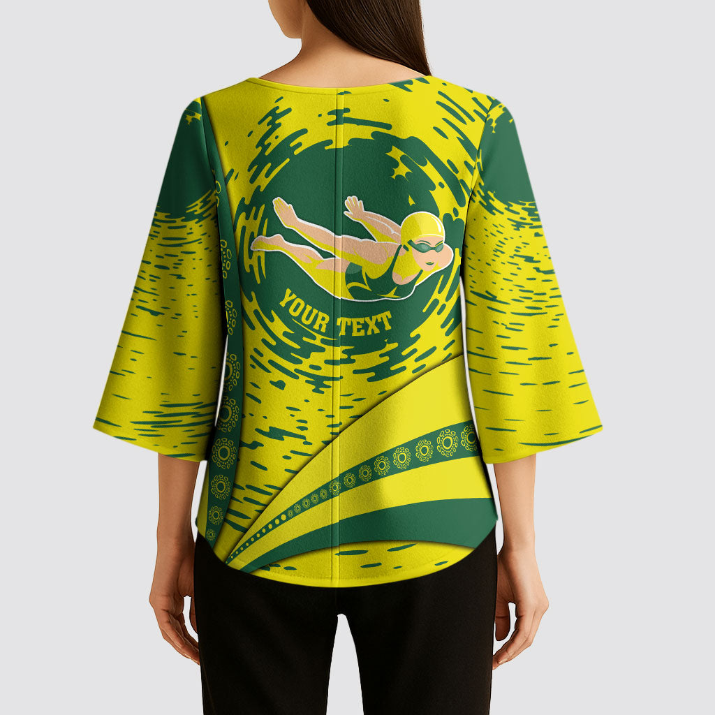 Personalized Australia Swimming Champion Kimono Sleeve Blouse Freestyle Swimmer With Swirling Wave And Cultural Patterns