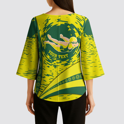 Personalized Australia Swimming Champion Kimono Sleeve Blouse Freestyle Swimmer With Swirling Wave And Cultural Patterns