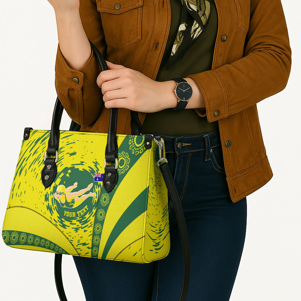 Personalized Australia Swimming Champion Leather Bag Freestyle Swimmer With Swirling Wave And Cultural Patterns