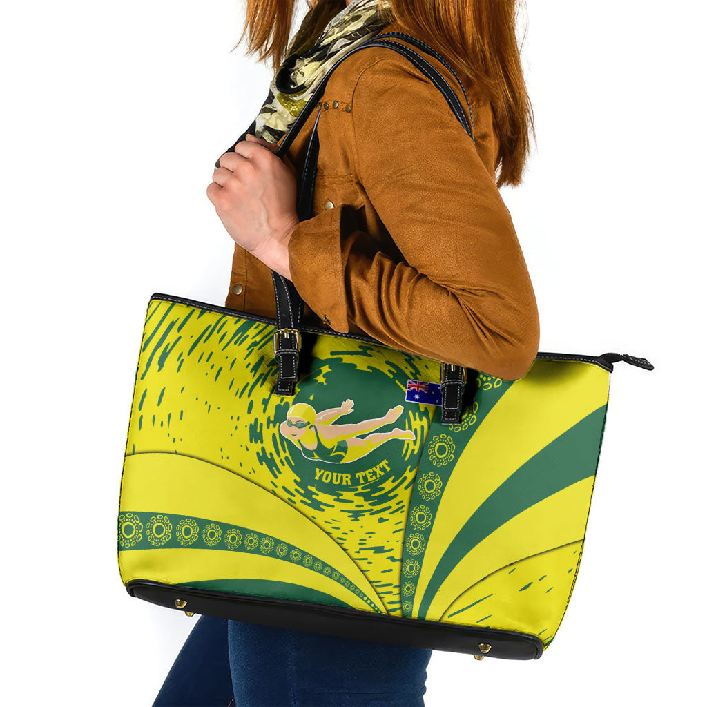 Personalized Australia Swimming Champion Leather Tote Bag Freestyle Swimmer With Swirling Wave And Cultural Patterns