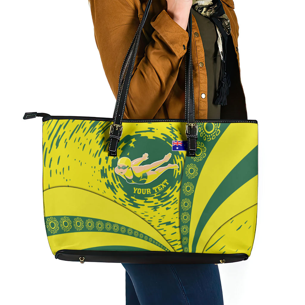 Personalized Australia Swimming Champion Leather Tote Bag Freestyle Swimmer With Swirling Wave And Cultural Patterns