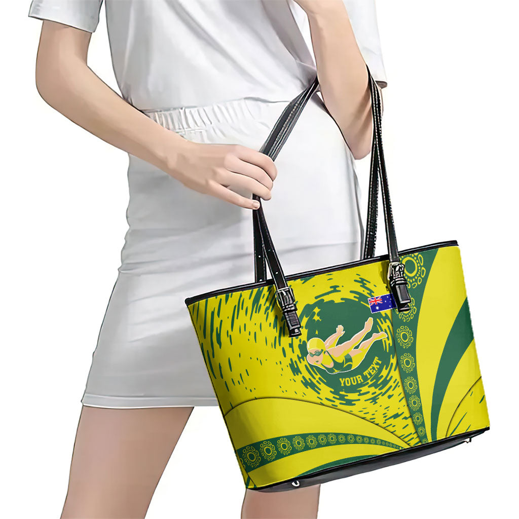 Personalized Australia Swimming Champion Leather Tote Bag Freestyle Swimmer With Swirling Wave And Cultural Patterns