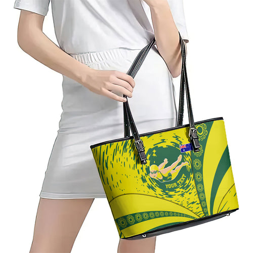 Personalized Australia Swimming Champion Leather Tote Bag Freestyle Swimmer With Swirling Wave And Cultural Patterns