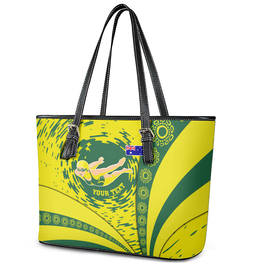 Personalized Australia Swimming Champion Leather Tote Bag Freestyle Swimmer With Swirling Wave And Cultural Patterns