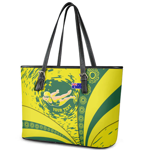Personalized Australia Swimming Champion Leather Tote Bag Freestyle Swimmer With Swirling Wave And Cultural Patterns