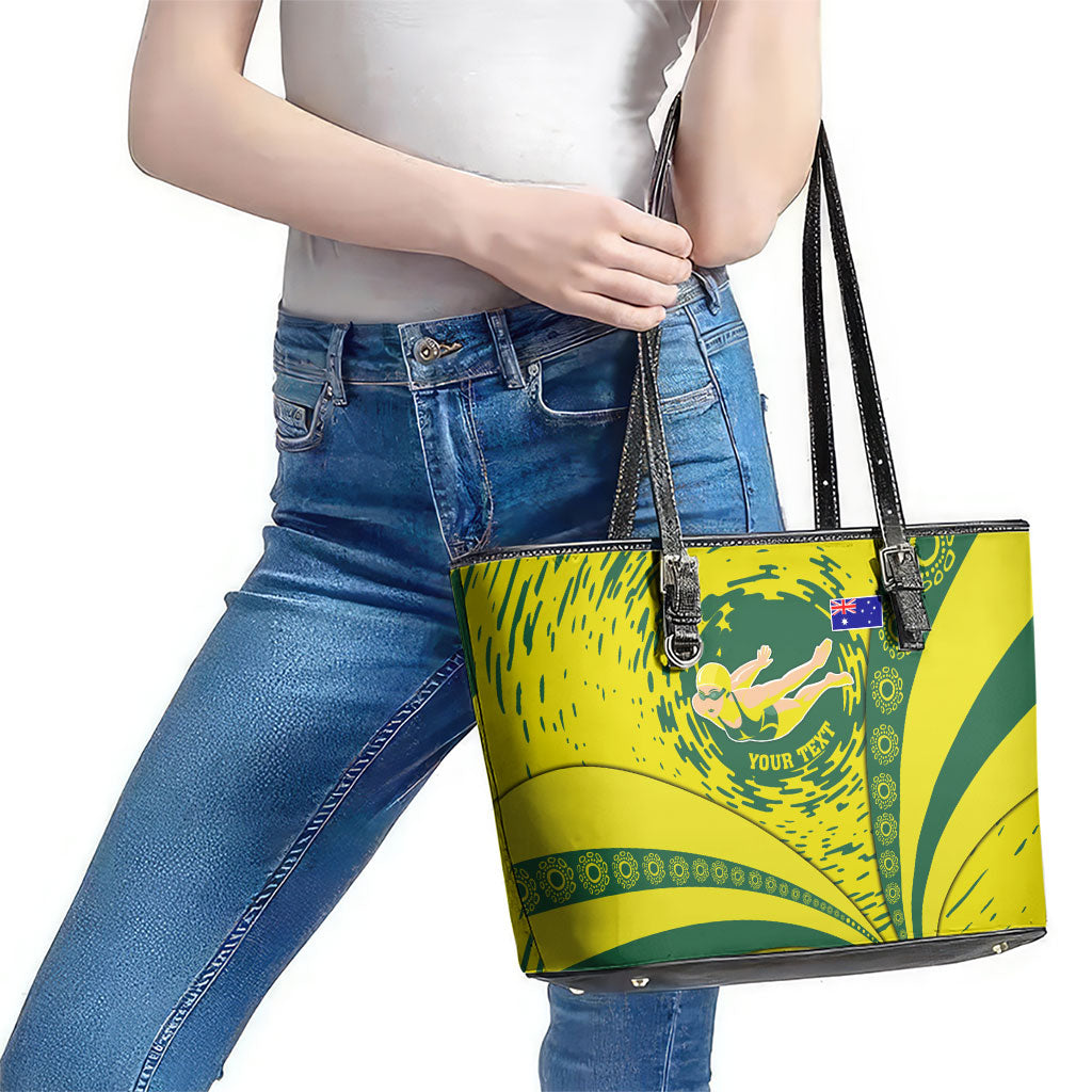 Personalized Australia Swimming Champion Leather Tote Bag Freestyle Swimmer With Swirling Wave And Cultural Patterns
