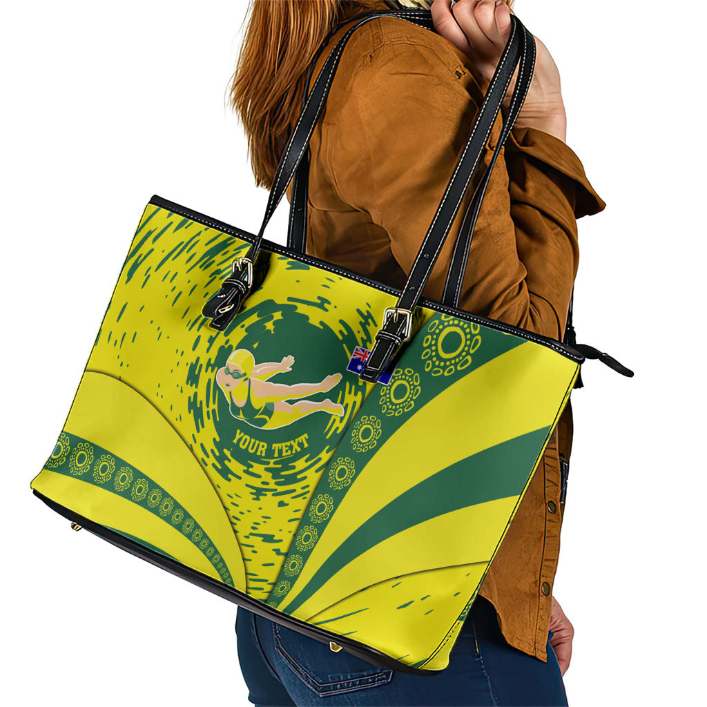 Personalized Australia Swimming Champion Leather Tote Bag Freestyle Swimmer With Swirling Wave And Cultural Patterns