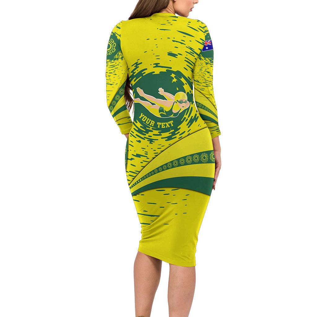 Personalized Australia Swimming Champion Long Sleeve Bodycon Dress Freestyle Swimmer With Swirling Wave And Cultural Patterns