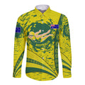 Personalized Australia Swimming Champion Long Sleeve Button Shirt Freestyle Swimmer With Swirling Wave And Cultural Patterns