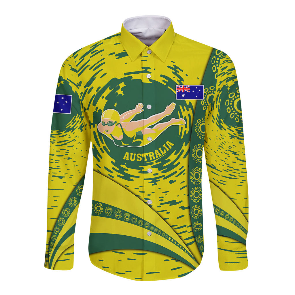 Personalized Australia Swimming Champion Long Sleeve Button Shirt Freestyle Swimmer With Swirling Wave And Cultural Patterns