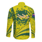 Personalized Australia Swimming Champion Long Sleeve Button Shirt Freestyle Swimmer With Swirling Wave And Cultural Patterns
