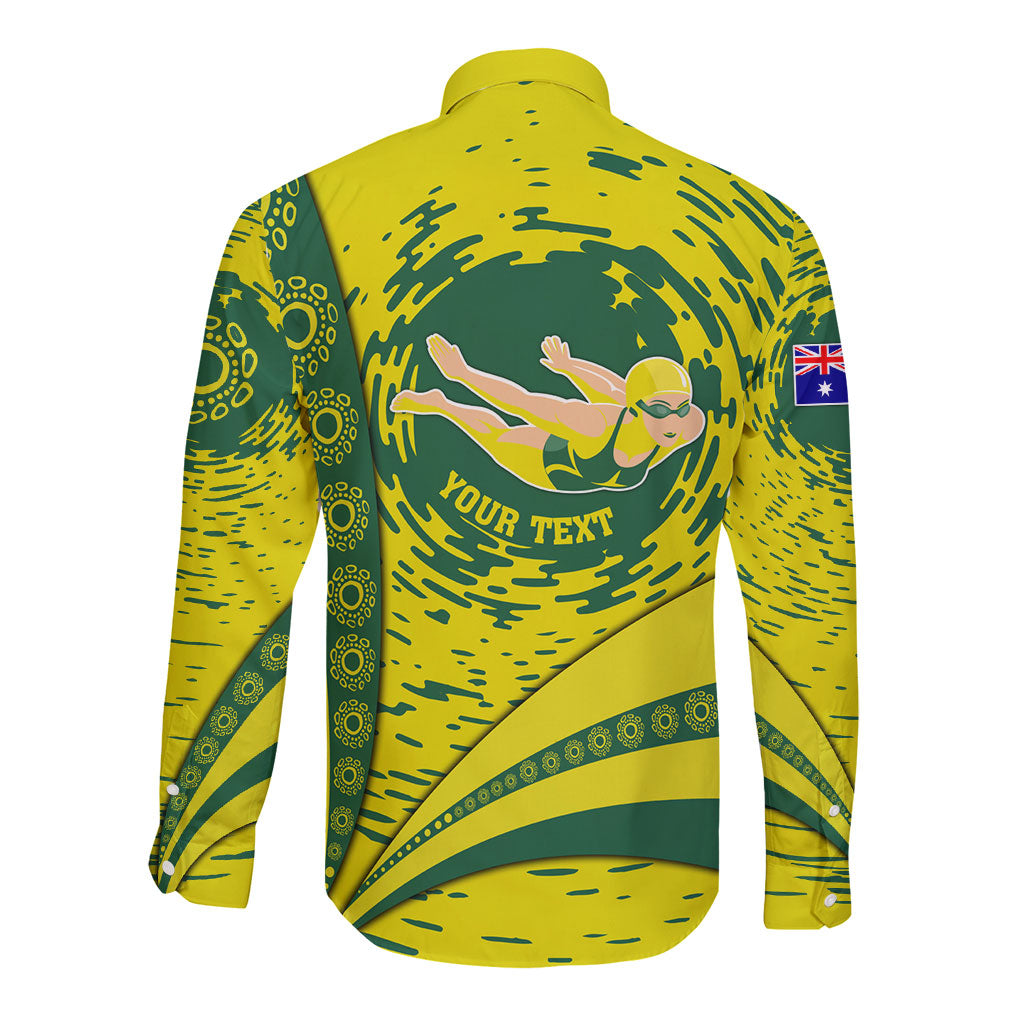Personalized Australia Swimming Champion Long Sleeve Button Shirt Freestyle Swimmer With Swirling Wave And Cultural Patterns