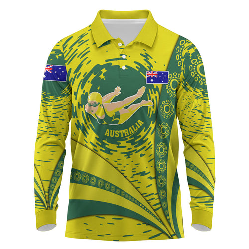 Personalized Australia Swimming Champion Long Sleeve Polo Shirt Freestyle Swimmer With Swirling Wave And Cultural Patterns