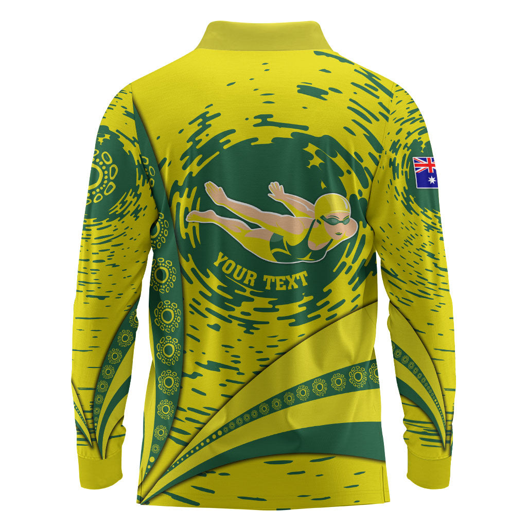 Personalized Australia Swimming Champion Long Sleeve Polo Shirt Freestyle Swimmer With Swirling Wave And Cultural Patterns