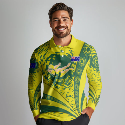 Personalized Australia Swimming Champion Long Sleeve Polo Shirt Freestyle Swimmer With Swirling Wave And Cultural Patterns