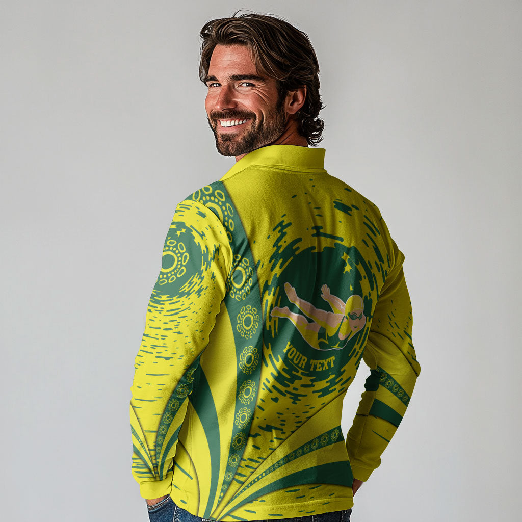 Personalized Australia Swimming Champion Long Sleeve Polo Shirt Freestyle Swimmer With Swirling Wave And Cultural Patterns