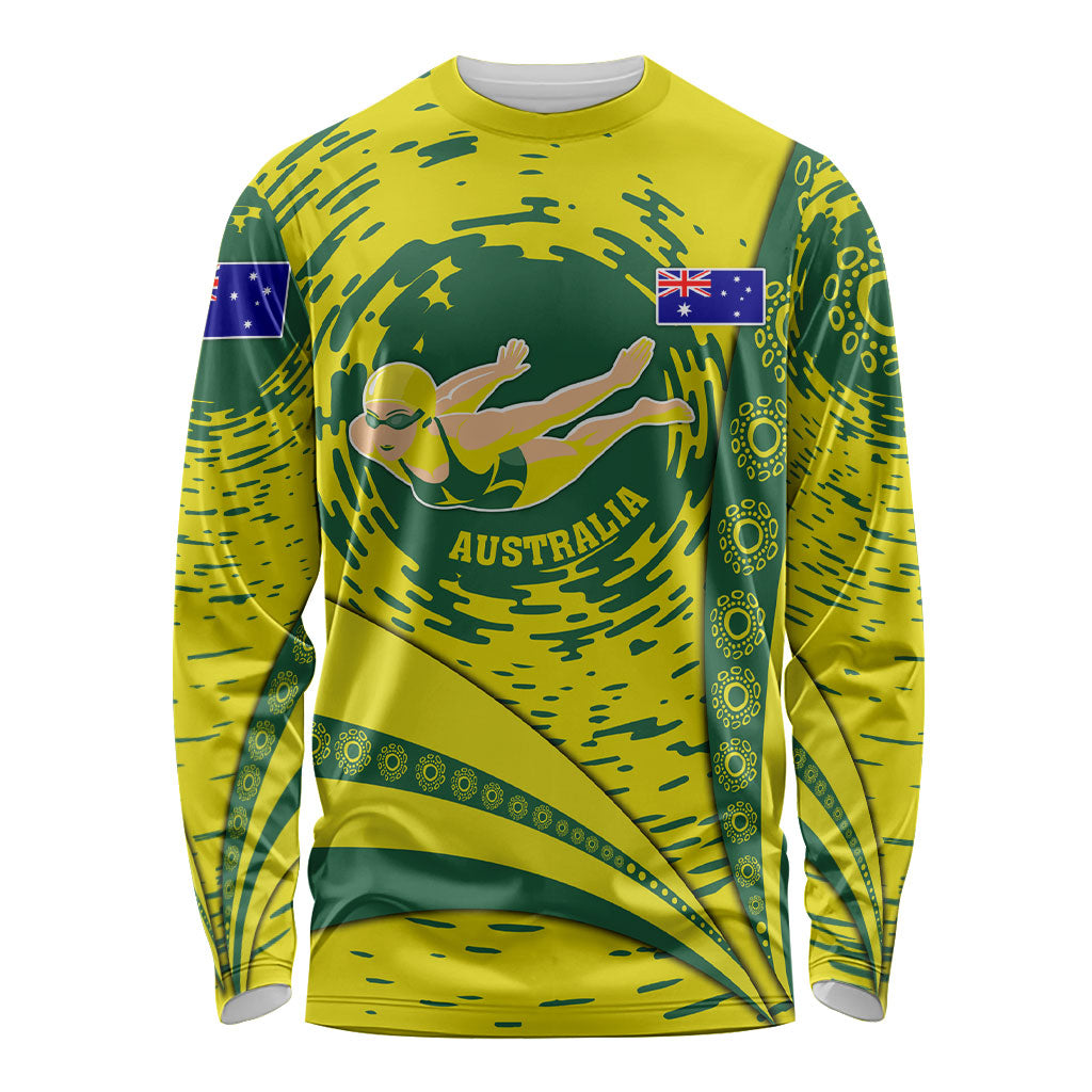 Personalized Australia Swimming Champion Long Sleeve Shirt Freestyle Swimmer With Swirling Wave And Cultural Patterns