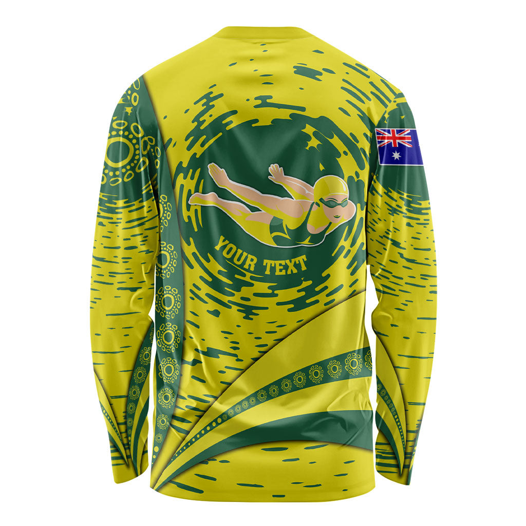Personalized Australia Swimming Champion Long Sleeve Shirt Freestyle Swimmer With Swirling Wave And Cultural Patterns
