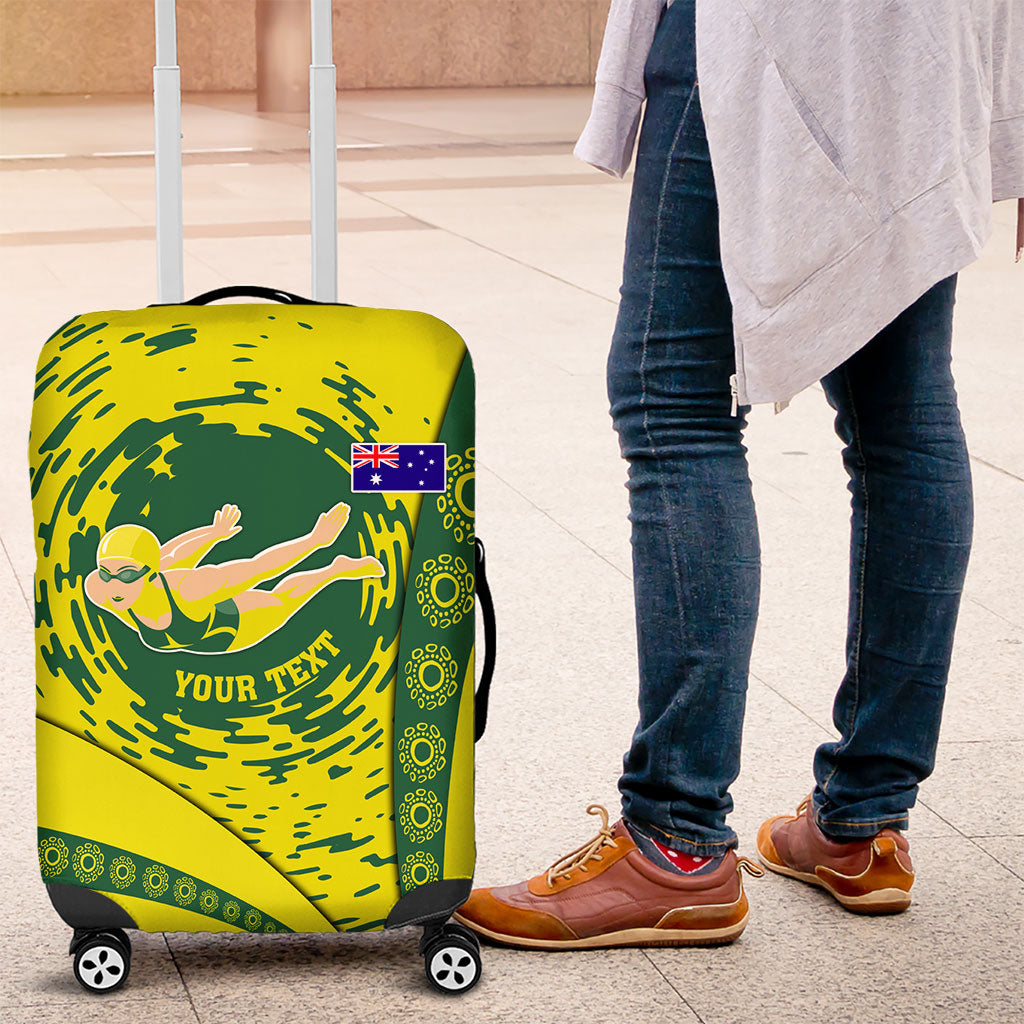 Personalized Australia Swimming Champion Luggage Cover Freestyle Swimmer With Swirling Wave And Cultural Patterns