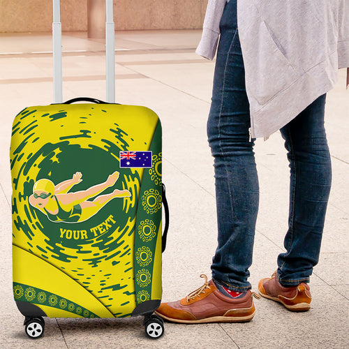 Personalized Australia Swimming Champion Luggage Cover Freestyle Swimmer With Swirling Wave And Cultural Patterns