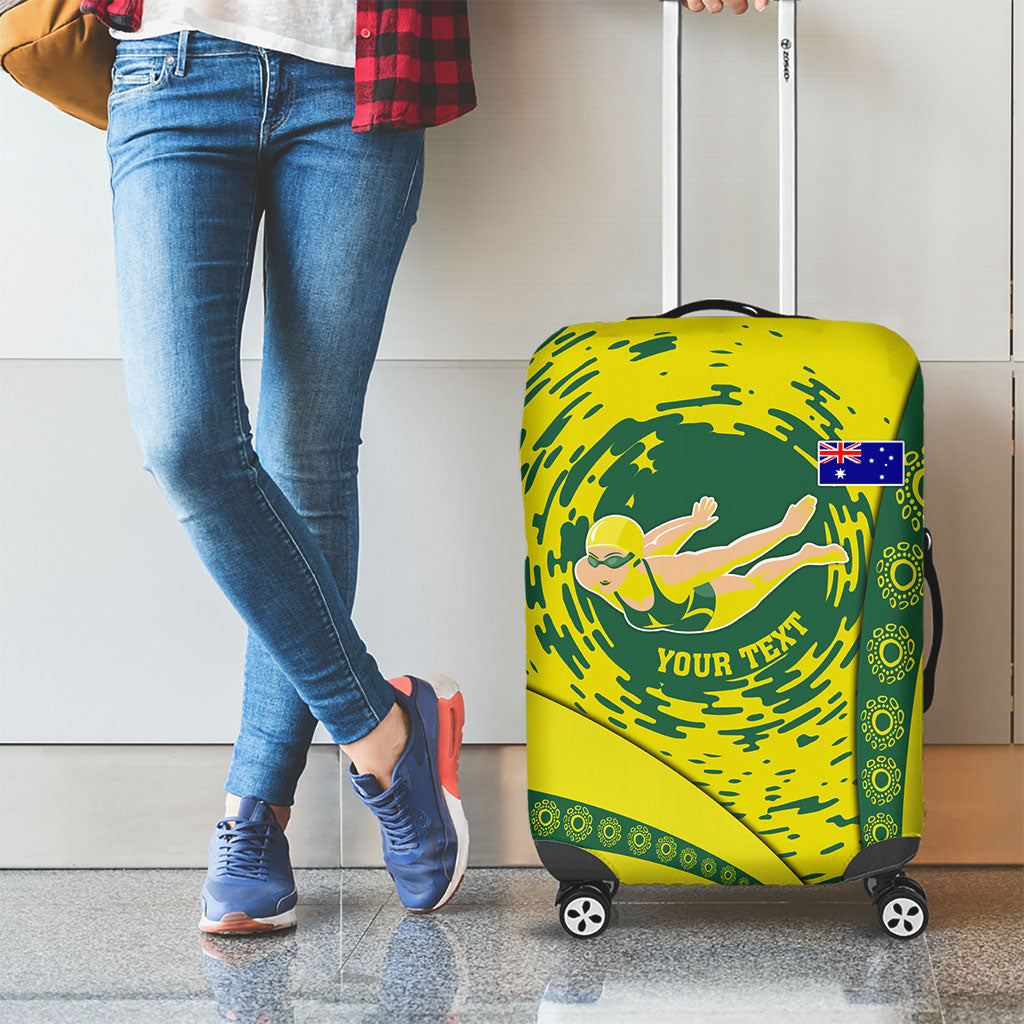 Personalized Australia Swimming Champion Luggage Cover Freestyle Swimmer With Swirling Wave And Cultural Patterns