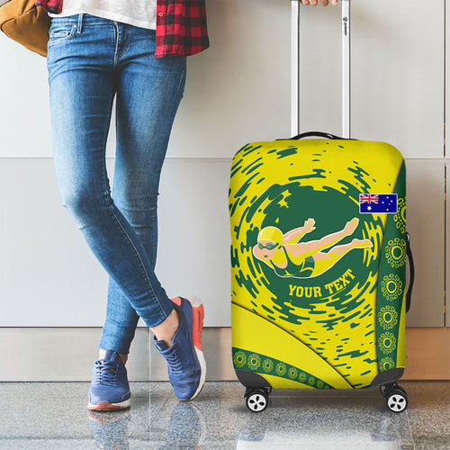Personalized Australia Swimming Champion Luggage Cover Freestyle Swimmer With Swirling Wave And Cultural Patterns