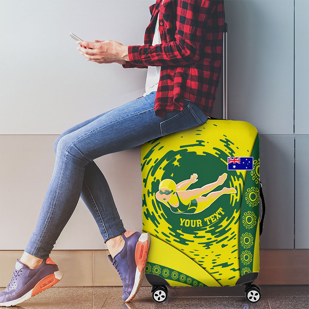 Personalized Australia Swimming Champion Luggage Cover Freestyle Swimmer With Swirling Wave And Cultural Patterns