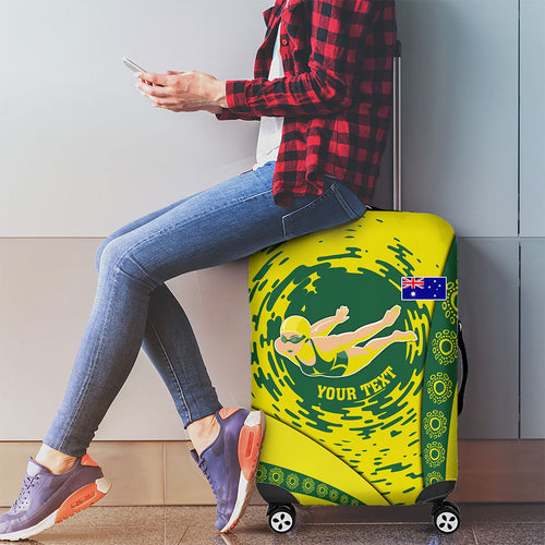 Personalized Australia Swimming Champion Luggage Cover Freestyle Swimmer With Swirling Wave And Cultural Patterns