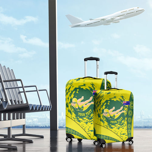 Personalized Australia Swimming Champion Luggage Cover Freestyle Swimmer With Swirling Wave And Cultural Patterns