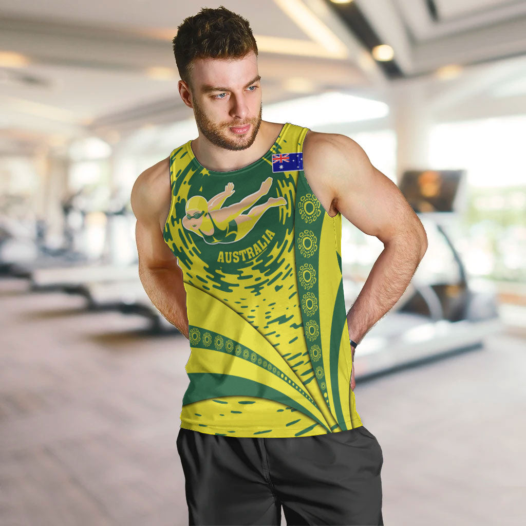 Personalized Australia Swimming Champion Men Tank Top Freestyle Swimmer With Swirling Wave And Cultural Patterns