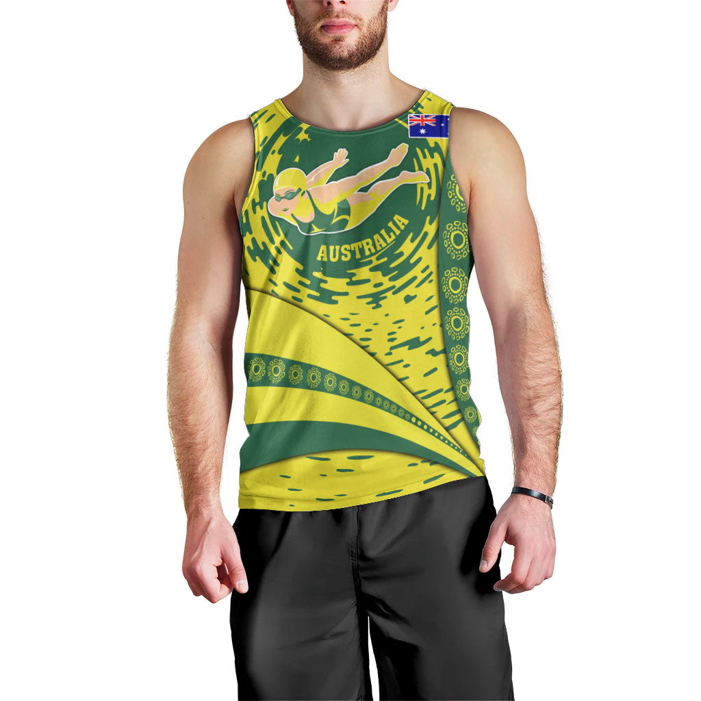 Personalized Australia Swimming Champion Men Tank Top Freestyle Swimmer With Swirling Wave And Cultural Patterns