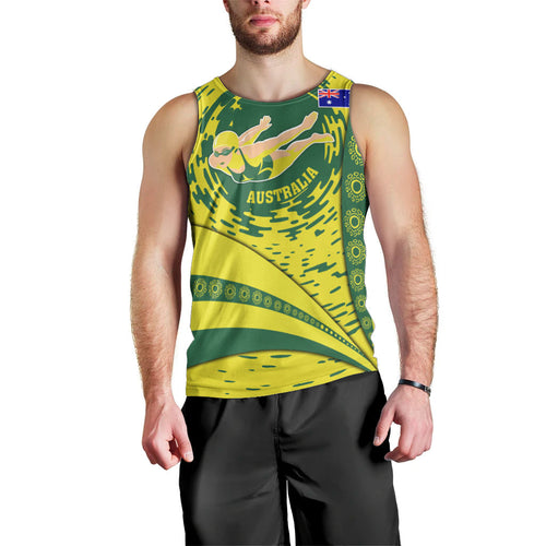 Personalized Australia Swimming Champion Men Tank Top Freestyle Swimmer With Swirling Wave And Cultural Patterns