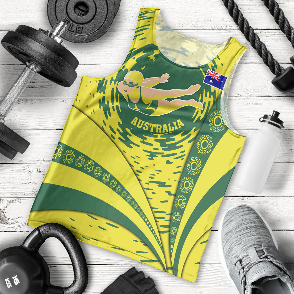 Personalized Australia Swimming Champion Men Tank Top Freestyle Swimmer With Swirling Wave And Cultural Patterns