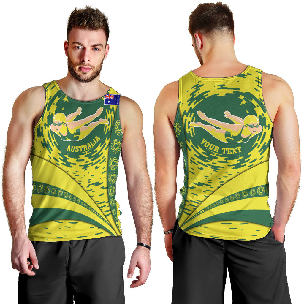 Personalized Australia Swimming Champion Men Tank Top Freestyle Swimmer With Swirling Wave And Cultural Patterns