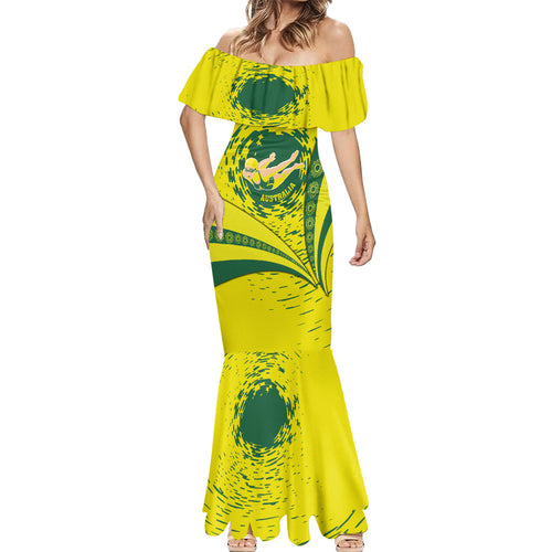 Personalized Australia Swimming Champion Mermaid Dress Freestyle Swimmer With Swirling Wave And Cultural Patterns