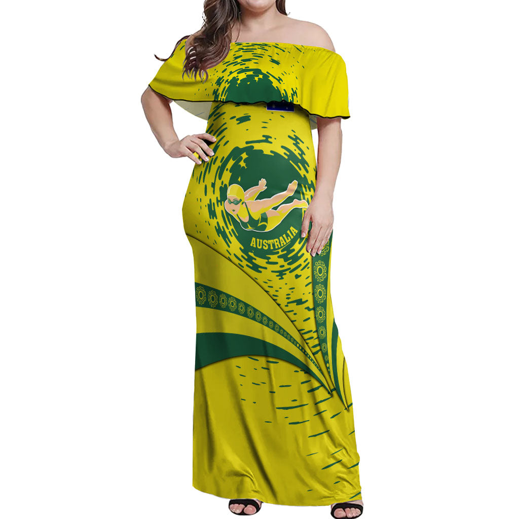 Personalized Australia Swimming Champion Off Shoulder Maxi Dress Freestyle Swimmer With Swirling Wave And Cultural Patterns