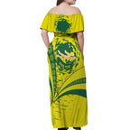 Personalized Australia Swimming Champion Off Shoulder Maxi Dress Freestyle Swimmer With Swirling Wave And Cultural Patterns