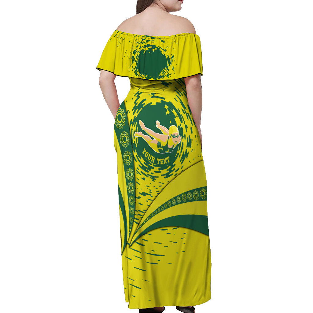 Personalized Australia Swimming Champion Off Shoulder Maxi Dress Freestyle Swimmer With Swirling Wave And Cultural Patterns