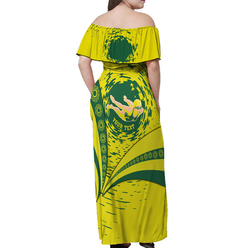 Personalized Australia Swimming Champion Off Shoulder Maxi Dress Freestyle Swimmer With Swirling Wave And Cultural Patterns