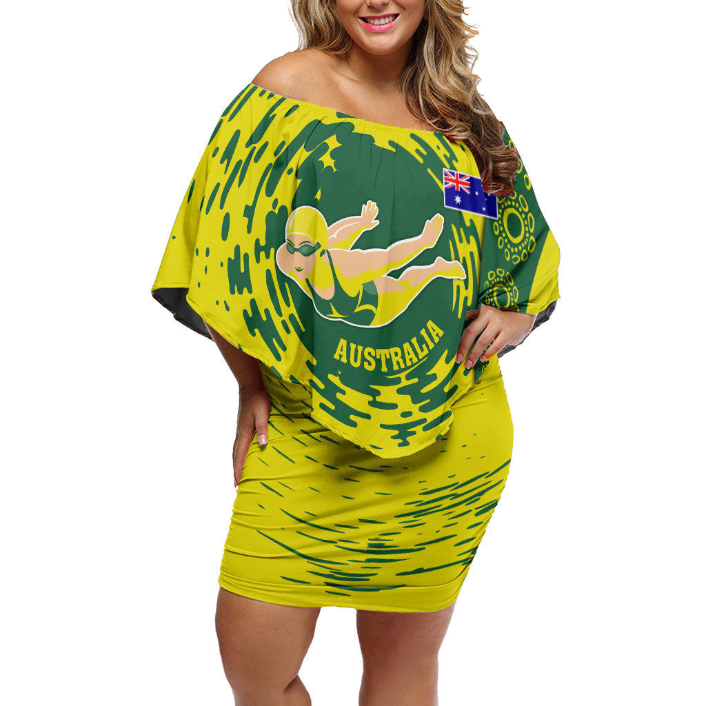 Personalized Australia Swimming Champion Off Shoulder Short Dress Freestyle Swimmer With Swirling Wave And Cultural Patterns