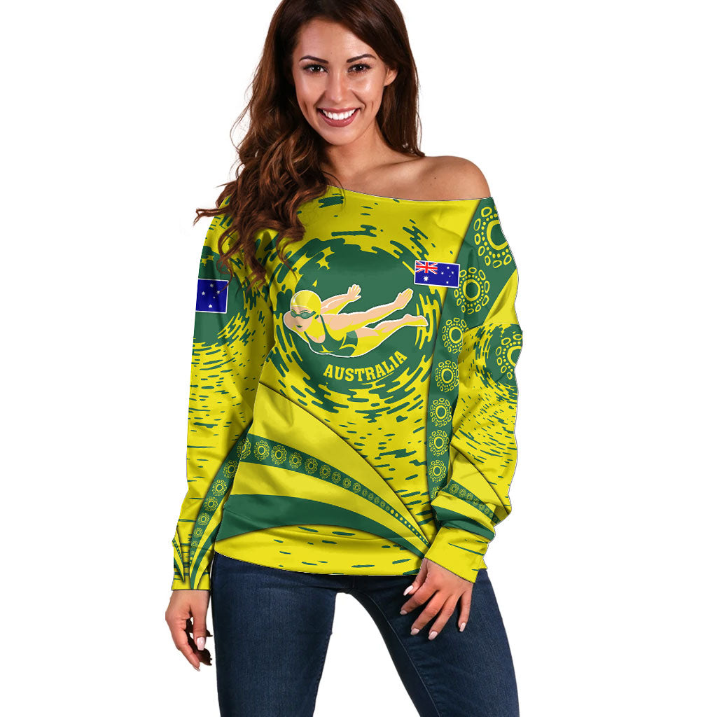Personalized Australia Swimming Champion Off Shoulder Sweater Freestyle Swimmer With Swirling Wave And Cultural Patterns