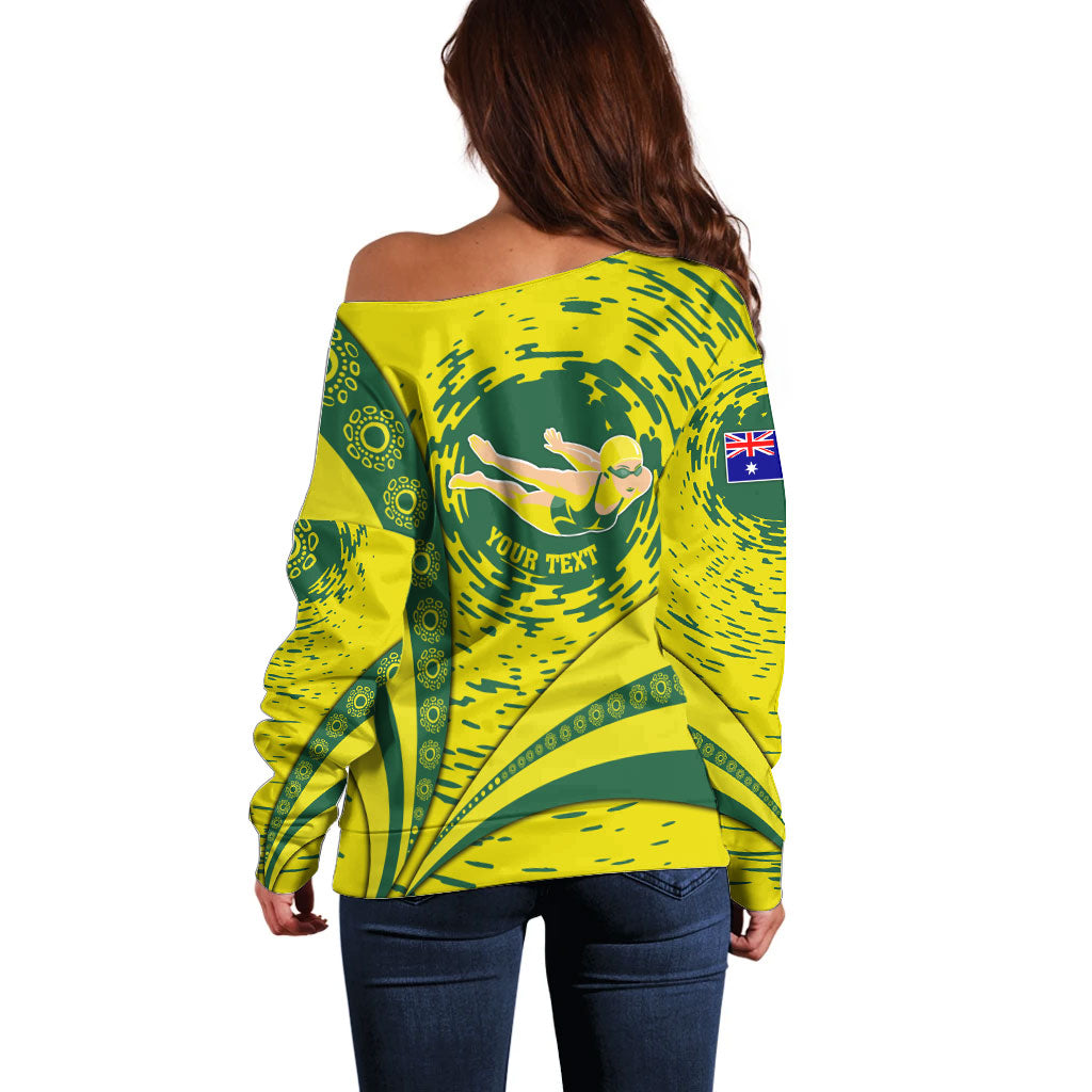 Personalized Australia Swimming Champion Off Shoulder Sweater Freestyle Swimmer With Swirling Wave And Cultural Patterns