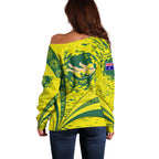 Personalized Australia Swimming Champion Off Shoulder Sweater Freestyle Swimmer With Swirling Wave And Cultural Patterns