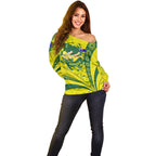 Personalized Australia Swimming Champion Off Shoulder Sweater Freestyle Swimmer With Swirling Wave And Cultural Patterns