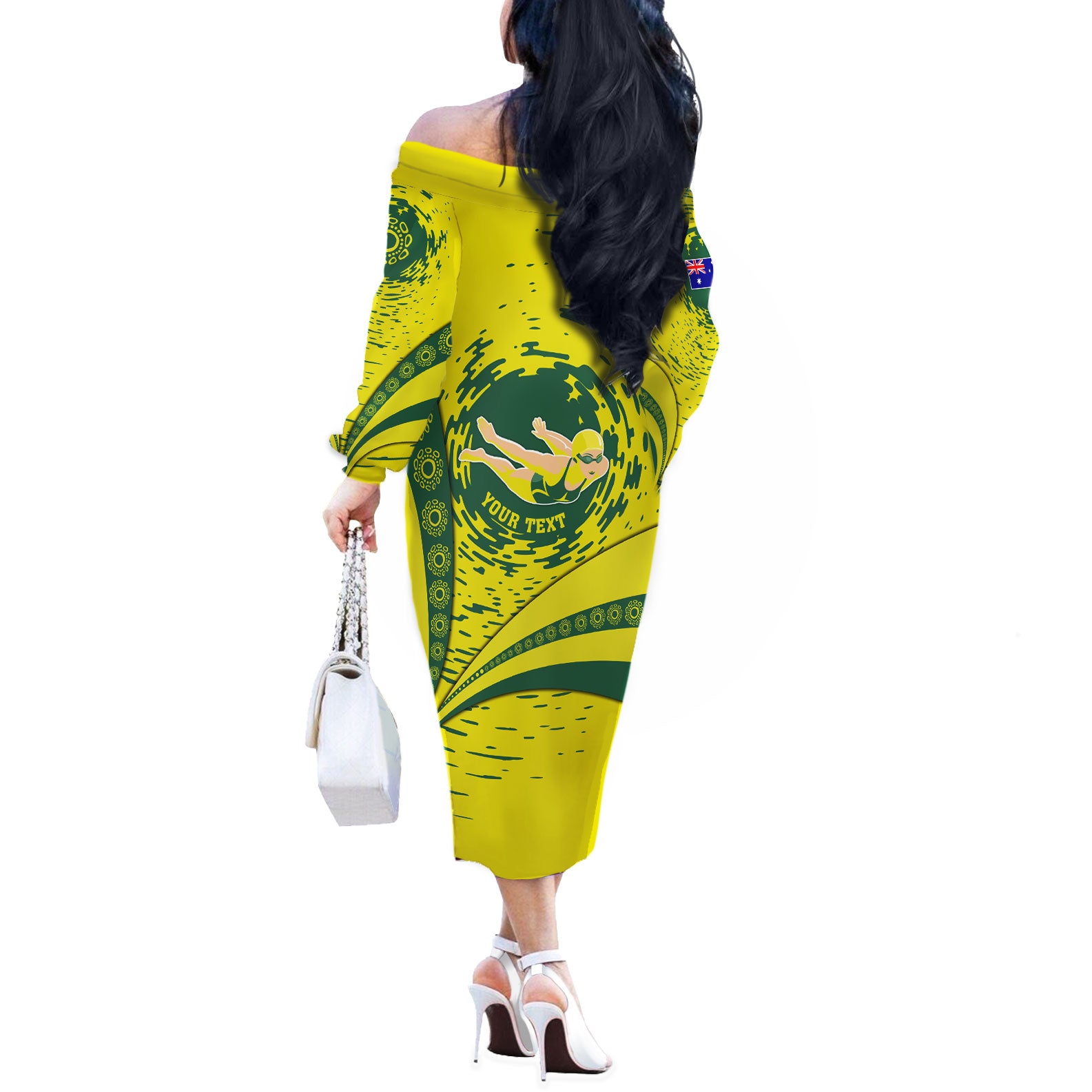 Personalized Australia Swimming Champion Off The Shoulder Long Sleeve Dress Freestyle Swimmer With Swirling Wave And Cultural Patterns