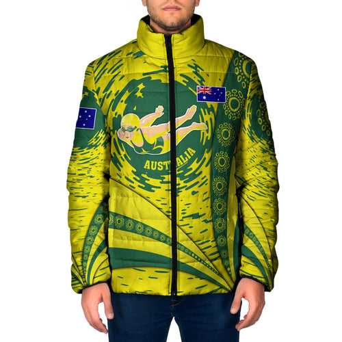 Personalized Australia Swimming Champion Padded Jacket Freestyle Swimmer With Swirling Wave And Cultural Patterns