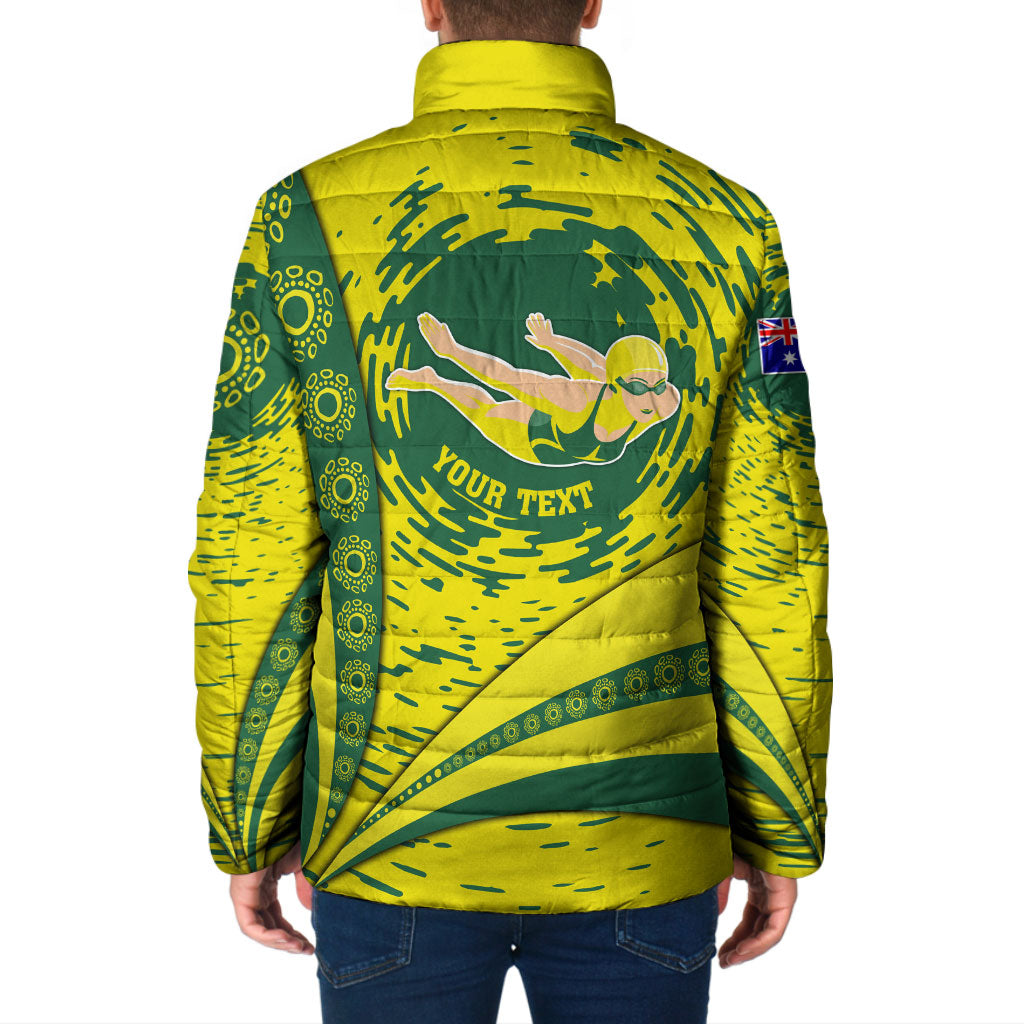 Personalized Australia Swimming Champion Padded Jacket Freestyle Swimmer With Swirling Wave And Cultural Patterns