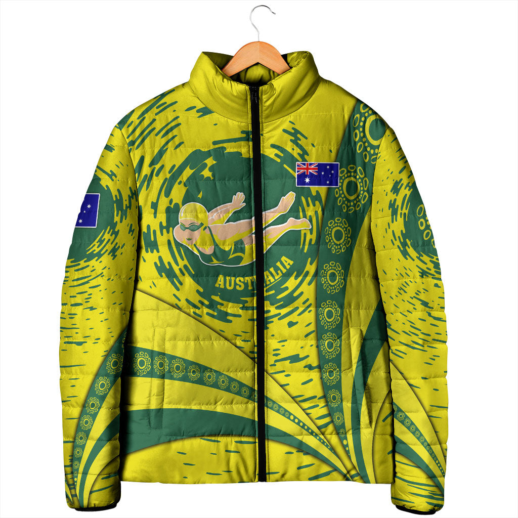 Personalized Australia Swimming Champion Padded Jacket Freestyle Swimmer With Swirling Wave And Cultural Patterns