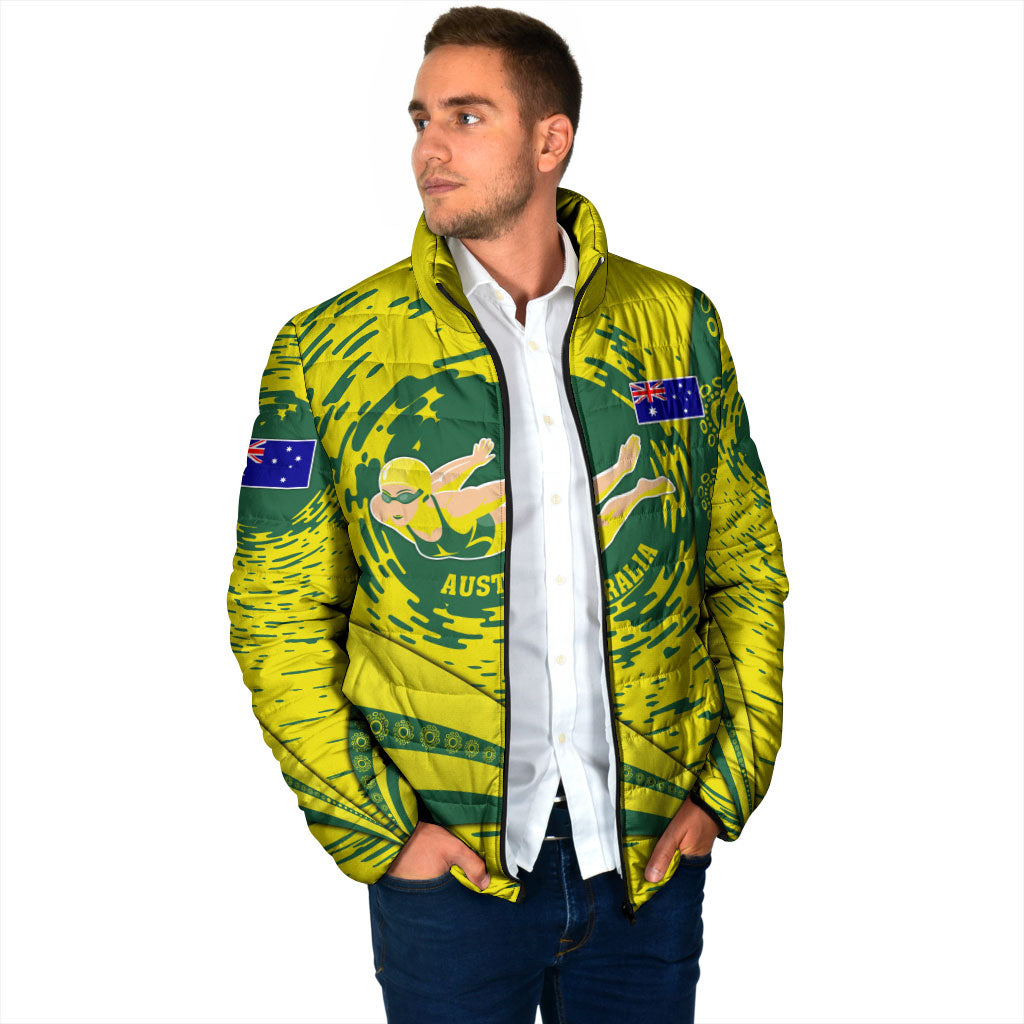 Personalized Australia Swimming Champion Padded Jacket Freestyle Swimmer With Swirling Wave And Cultural Patterns
