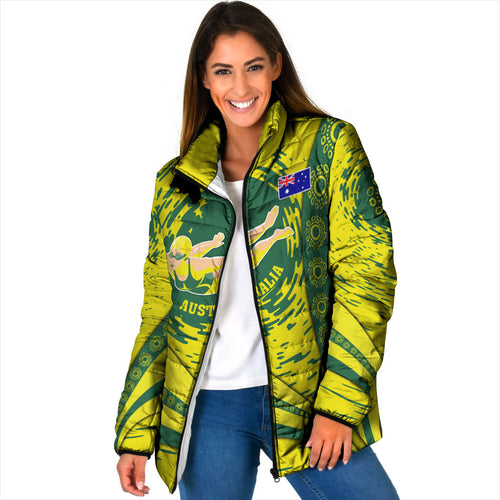 Personalized Australia Swimming Champion Padded Jacket Freestyle Swimmer With Swirling Wave And Cultural Patterns